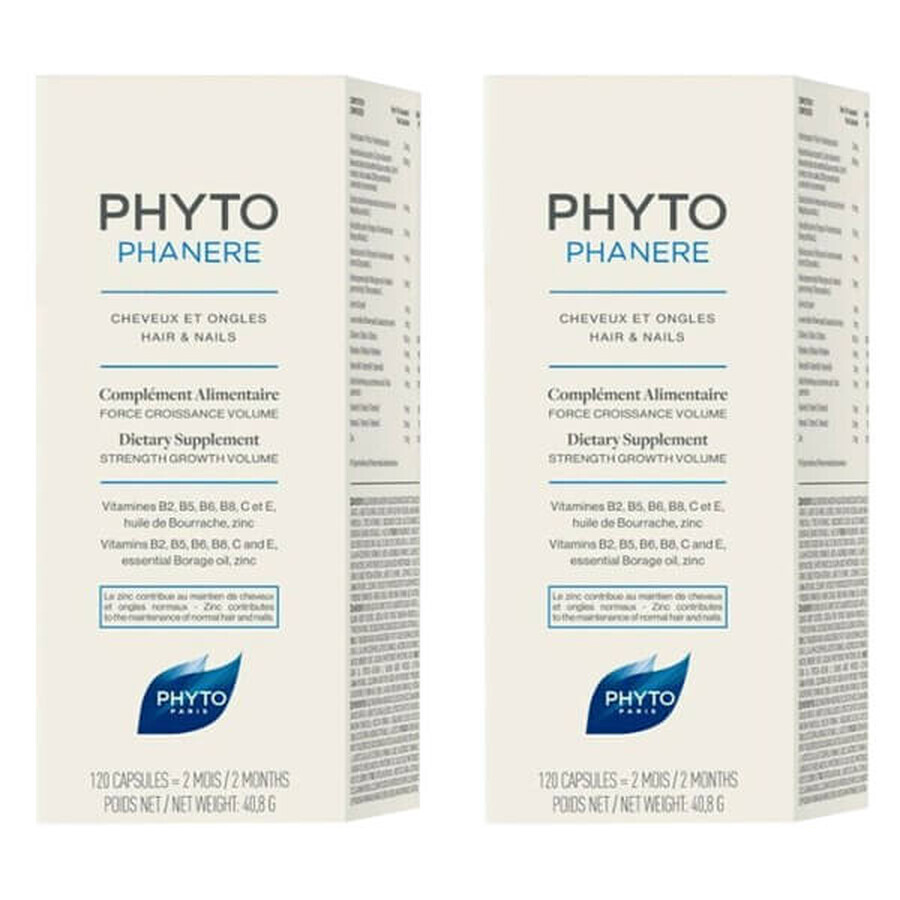 Set Phyto Phytophanere, capsule rinforzanti per capelli e unghie, 2 x 120 capsule