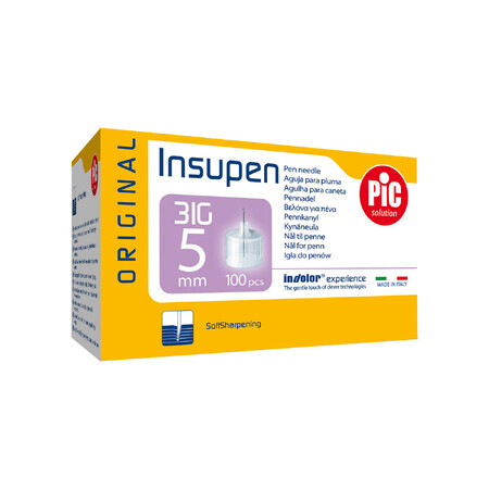 Pic Solution Insupen, aghi per penna da insulina, 31G (0,25 mm) x 5 mm, 100 pezzi