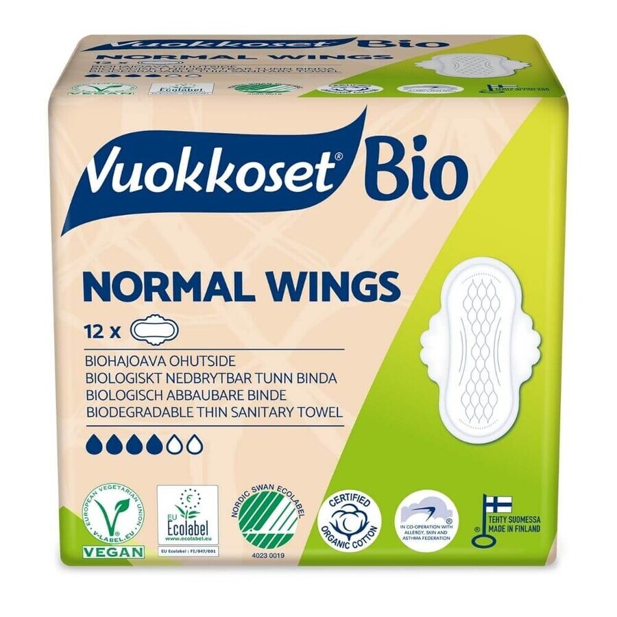 Vuokkoset, assorbenti in cotone biologico, 100% Bio, Ali normali, 12 pezzi