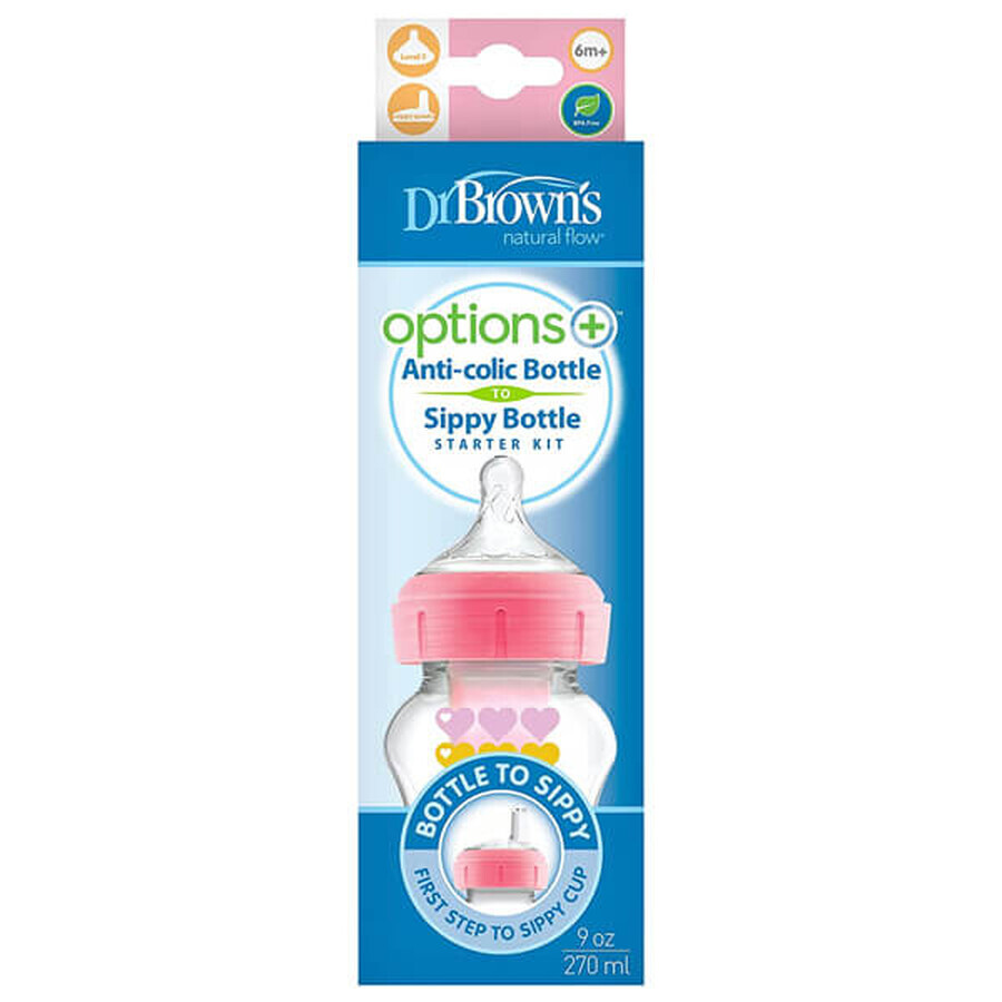 Dr Brown's Options+, Bottle to Cup Set, Anti-Colic Bottle, Wide Neck, 270ml with Teat, Level 3 + Drip Free Mouth, Pink