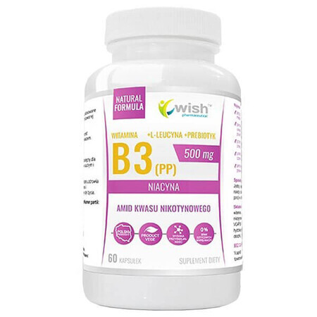 Wish Vitamin B3 (PP) Niacin 500 mg + Prebiotic + L-Leucin Vege, 60 Kapseln