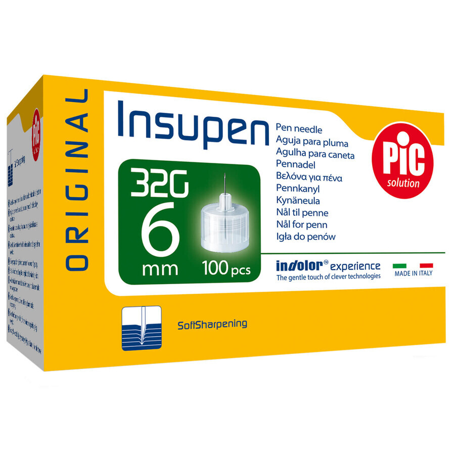 Pic Solution Insupen, aghi per penna da insulina, 32G (0,23 mm) x 6 mm, 100 pezzi