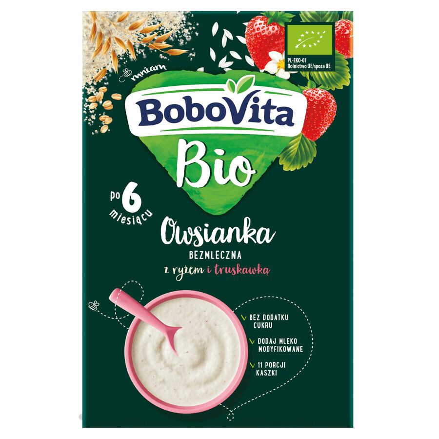 BoboVita Bio Farina d'avena con riso e fragola, senza latticini, senza zuccheri aggiunti, dopo 6 mesi, 200 g