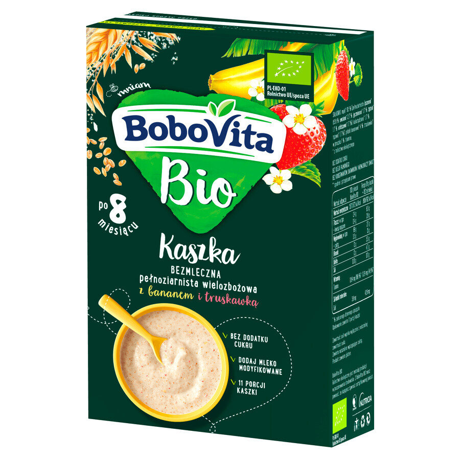 BoboVita Bio Porridge integrale multicereali con banana e fragola, senza latticini, senza zuccheri aggiunti, dopo 8 mesi, 200 g