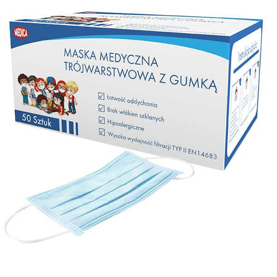 Medica, maschera medica con elastico, pediatrica, a 3 strati, tipo II, 50 pz.