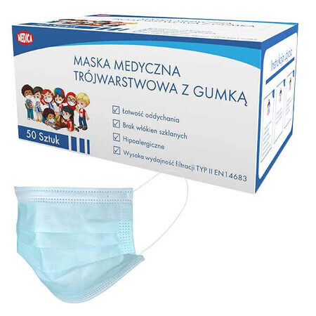 Medica, maschera medica con elastico, pediatrica, a 3 strati, tipo II, 50 pz.