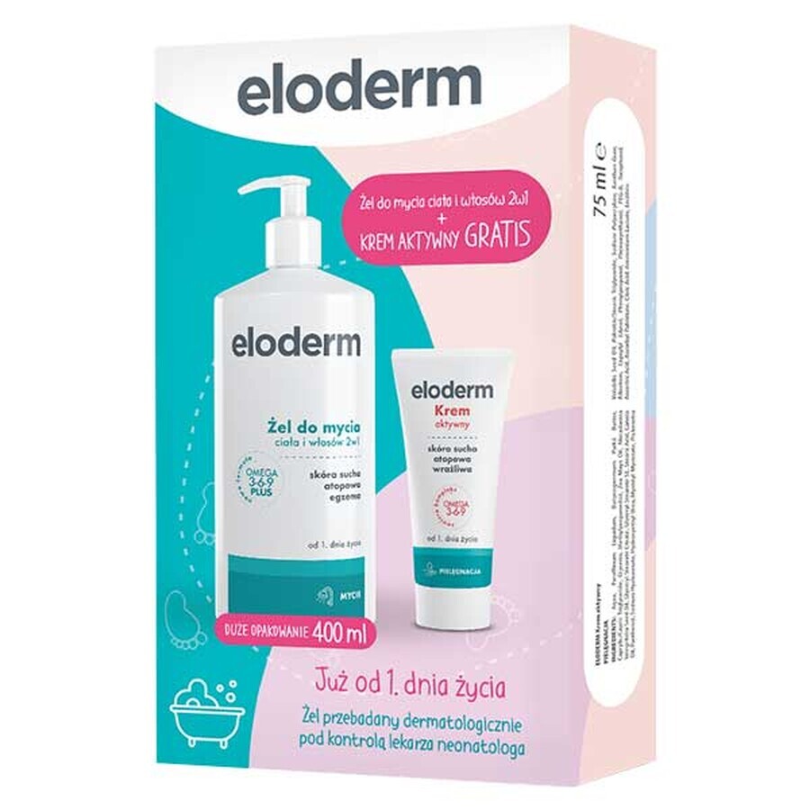 Eloderm Omega 3-6-9 Plus, gel detergente 2 in 1 per corpo e capelli, dal 1° giorno, 400 ml + crema extra attiva dal 1° giorno, 75 ml