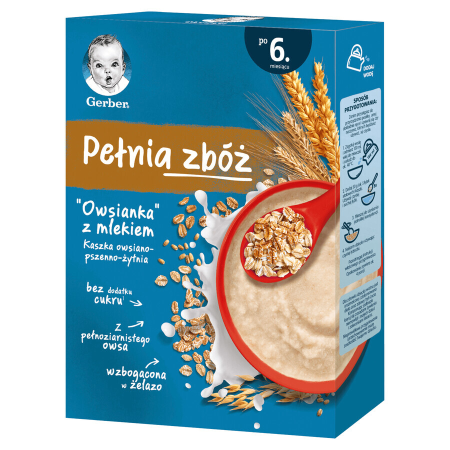 Gerber Pełnia Zbóż, farina d'avena con latte, porridge di avena-farro-riso, senza zuccheri aggiunti, dopo 6 mesi, 200 g