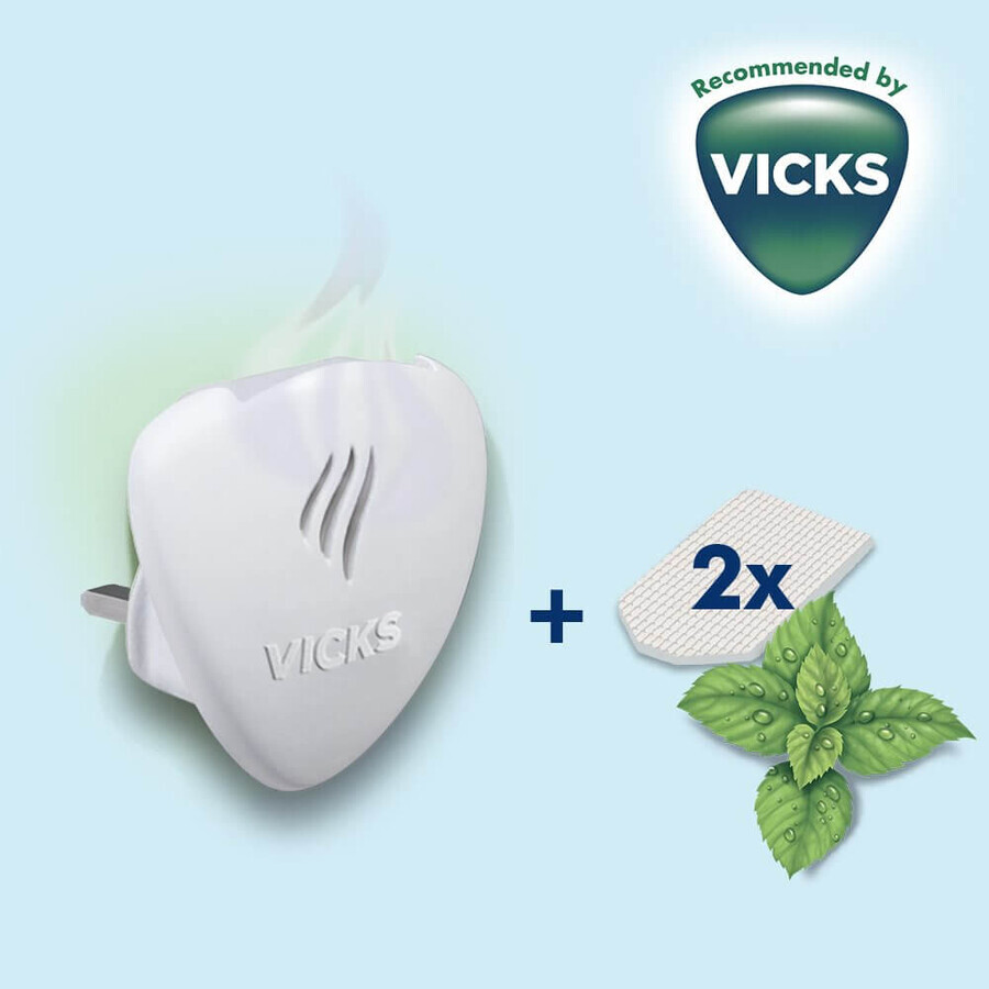 Vicks Comforting Vapors, diffusore di oli a contatto + 2 ricariche, profumo di mentolo