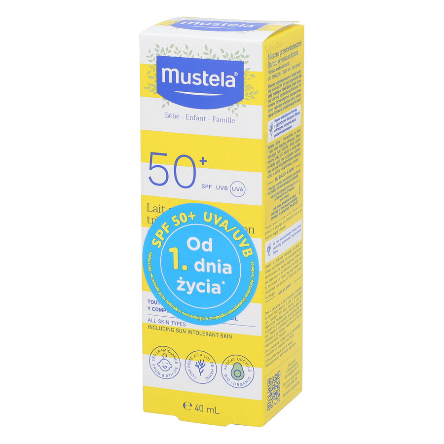 Mustela Sun set, Baby on the go - dry skin, sunscreen milk, SPF 50, 40 ml + massage oil, 100 ml