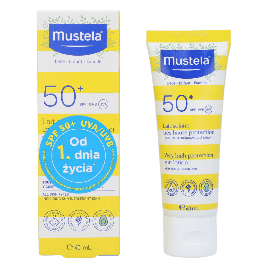 Mustela Sun set, Baby on the go - dry skin, sunscreen milk, SPF 50, 40 ml + massage oil, 100 ml