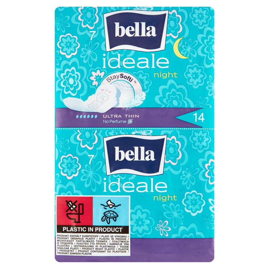 Bella Ideale, Toallas sanitarias StaySofti con alas, ultrafinas, Noche, 14 piezas