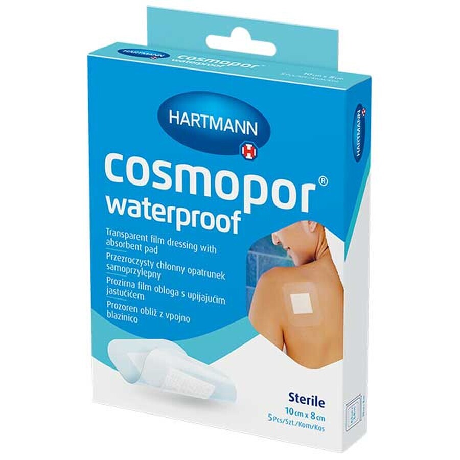 Cosmopor Waterproof, medicazione assorbente, autoadesiva, impermeabile, sterile, trasparente, 10 cm x 8 cm, 5 pezzi