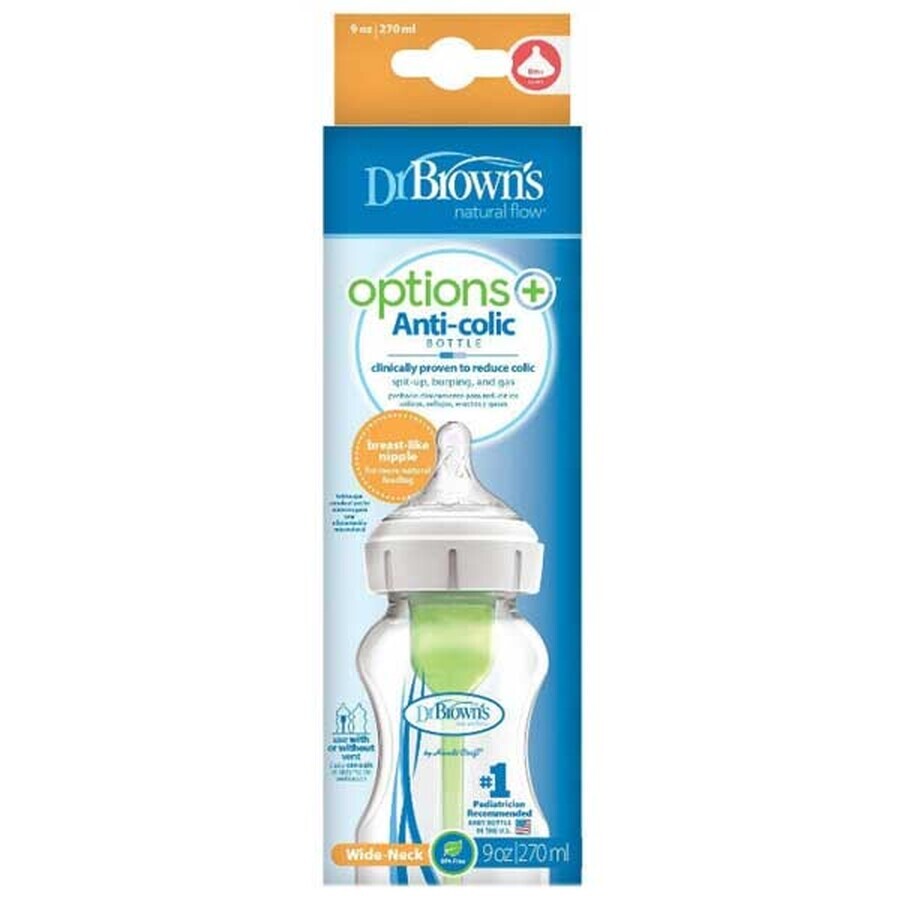 Dr Browns Options+, biberon anticolica, collo largo, con tettarella, 0-3 mesi, 270 ml