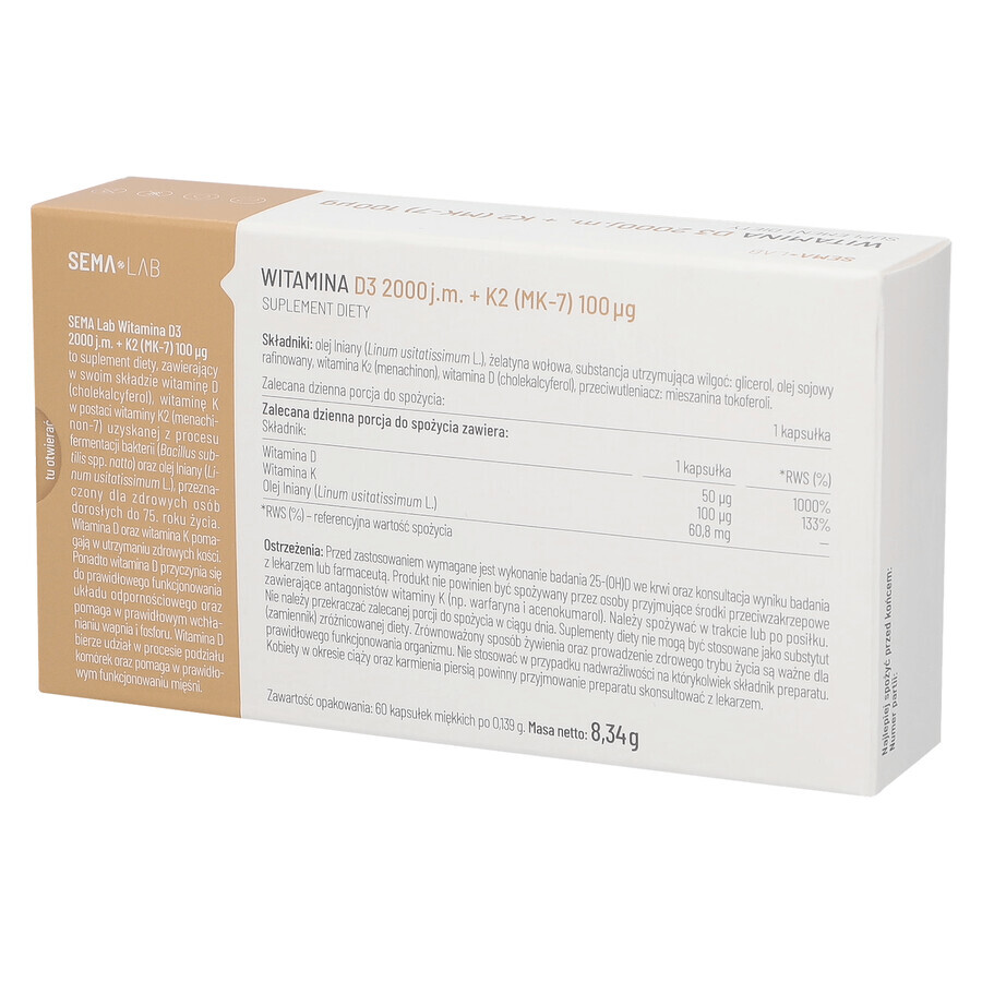 SEMA Lab Vitamin D3 2000 IU + K2 (MK-7) 100 µg, 60 soft capsules