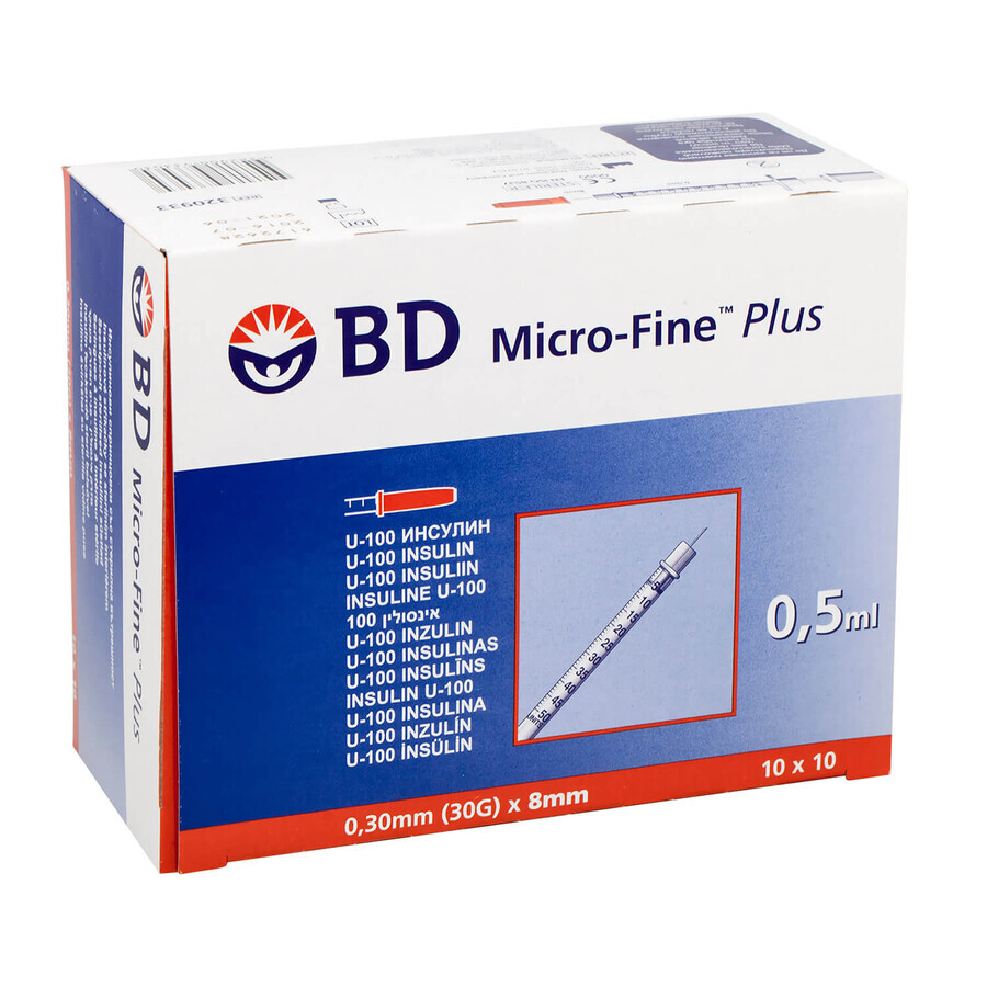 BD Micro-Fine Plus, siringa per insulina, 0,5 ml, U-100, con ago 30G, 0,3 x 8 mm, 100 pezzi