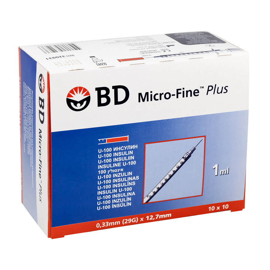 BD Micro-Fine Plus, siringa per insulina, 1 ml, U-100, con ago 29G, 0,33 x 12,7 mm, 100 pezzi