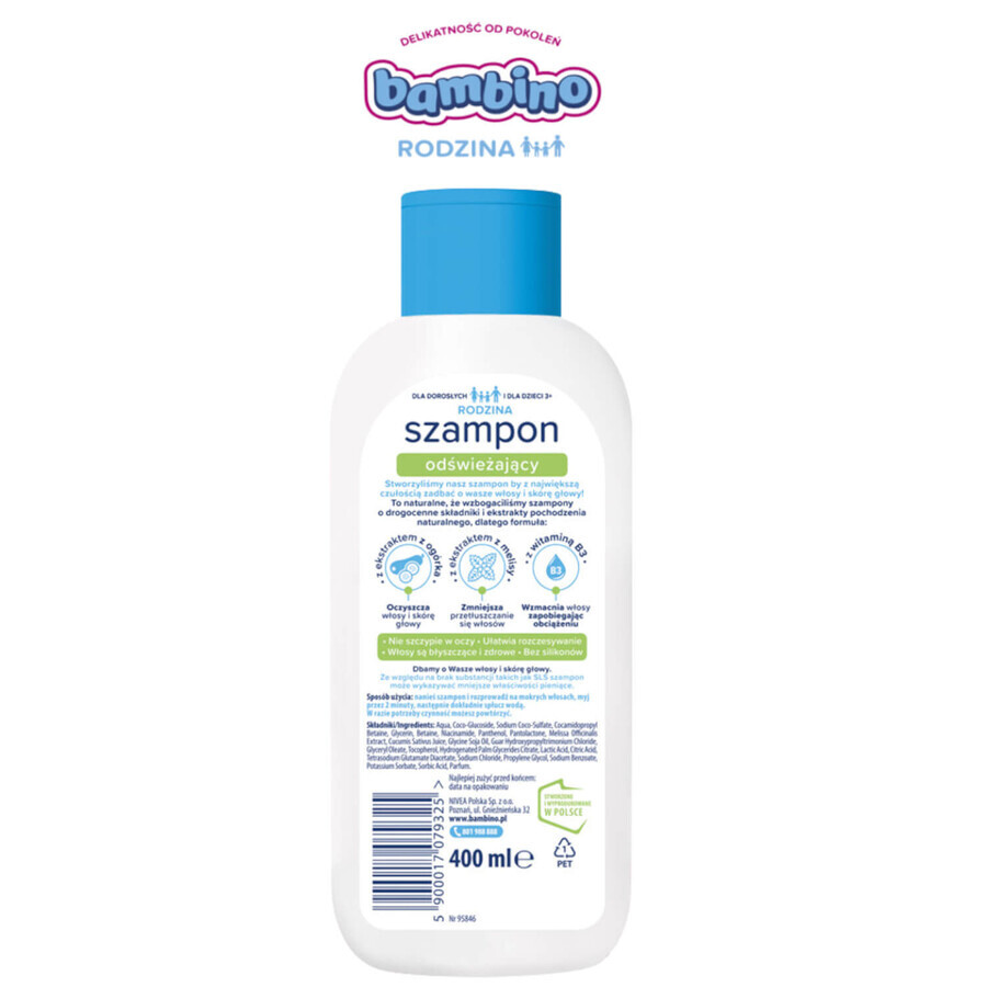 Bambino Family, refreshing shampoo for normal and oily hair, hyper-delicate, from 3 years, 400 ml