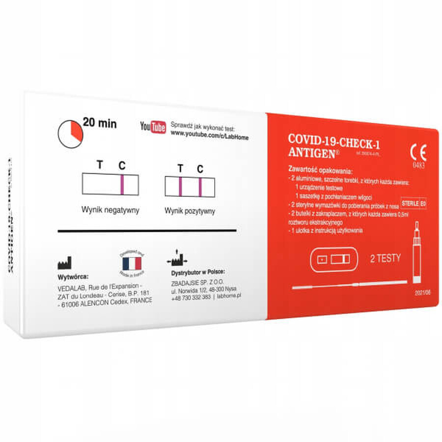 LabHome, COVID-19-Check-1 Antigen, diagnostic test for the detection of the SARS-CoV-2 virus, 2 units