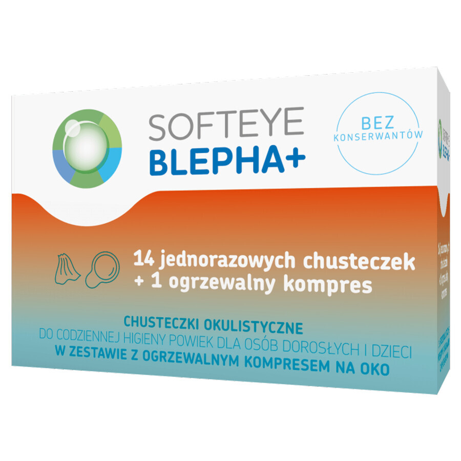 Softeye Belpha +, salviette oftalmiche, 14 pezzi + compressa riscaldata per occhi, 1 pezzo