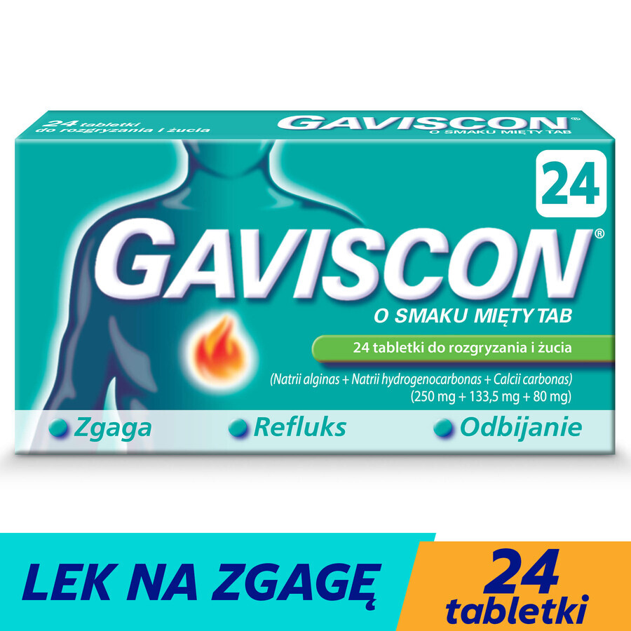 Gaviscon Tab al gusto di menta 250 mg + 133,5 mg + 80 mg, 24 compresse masticabili