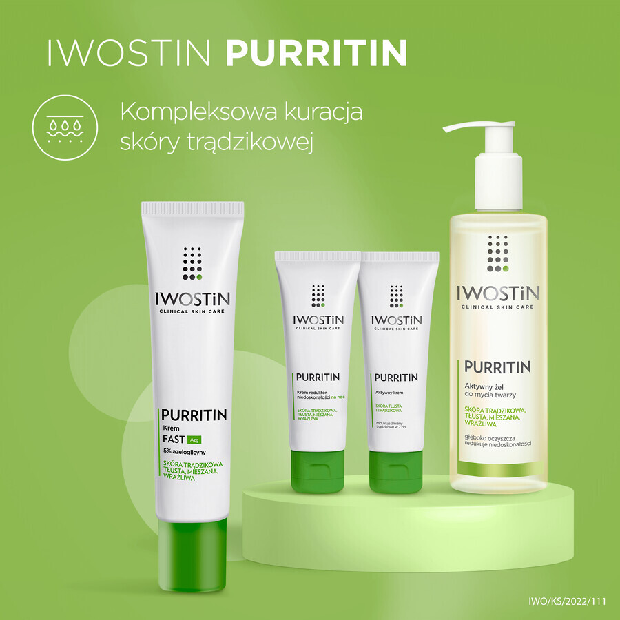 Iwostin Purritin, Fast Azg 5% azeloglycine crème, peaux acnéiques, grasses, mixtes et sensibles, 40 ml