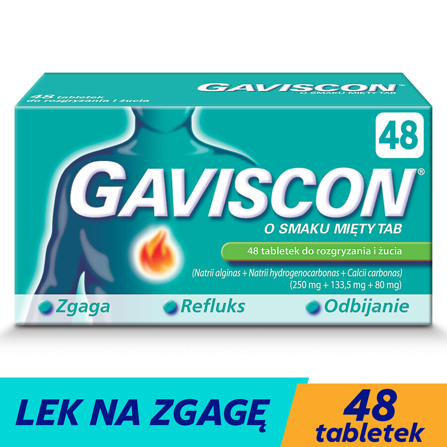 Gaviscon Tab al gusto di menta 250 mg + 133,5 mg + 80 mg, 48 compresse masticabili