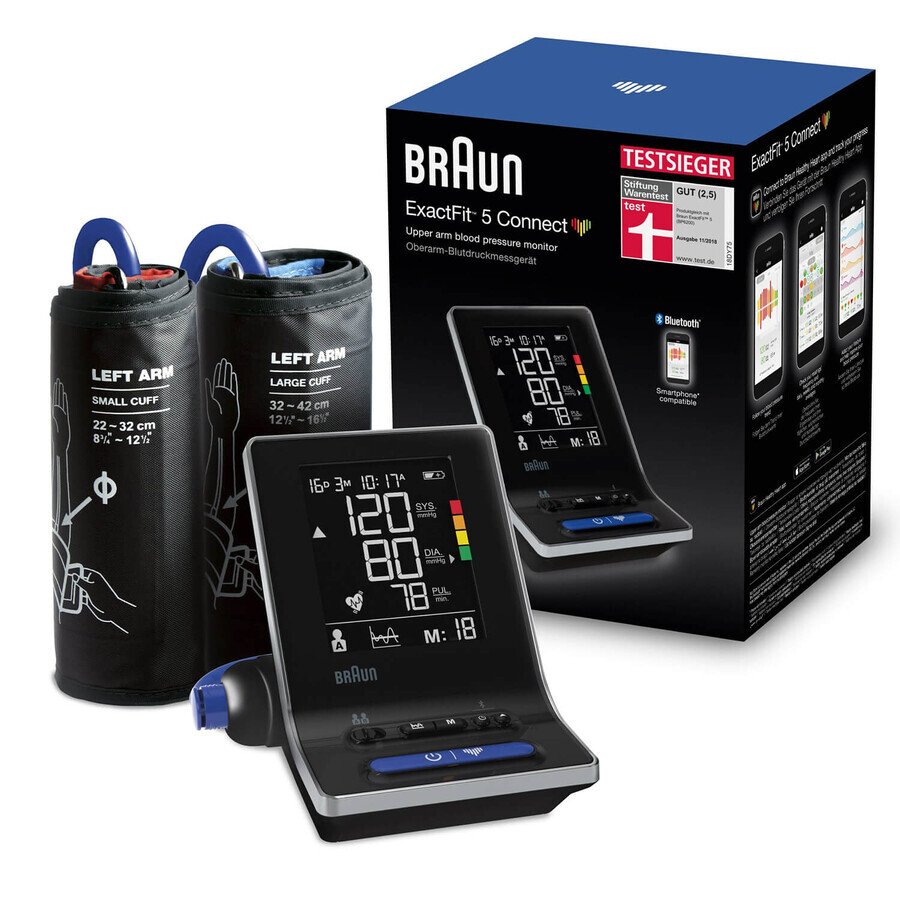 Braun Exactfit 5 Connect BUA6350, misuratore di pressione automatico per la parte superiore del braccio, con bluetooth, con 2 bracciali, con display LCD