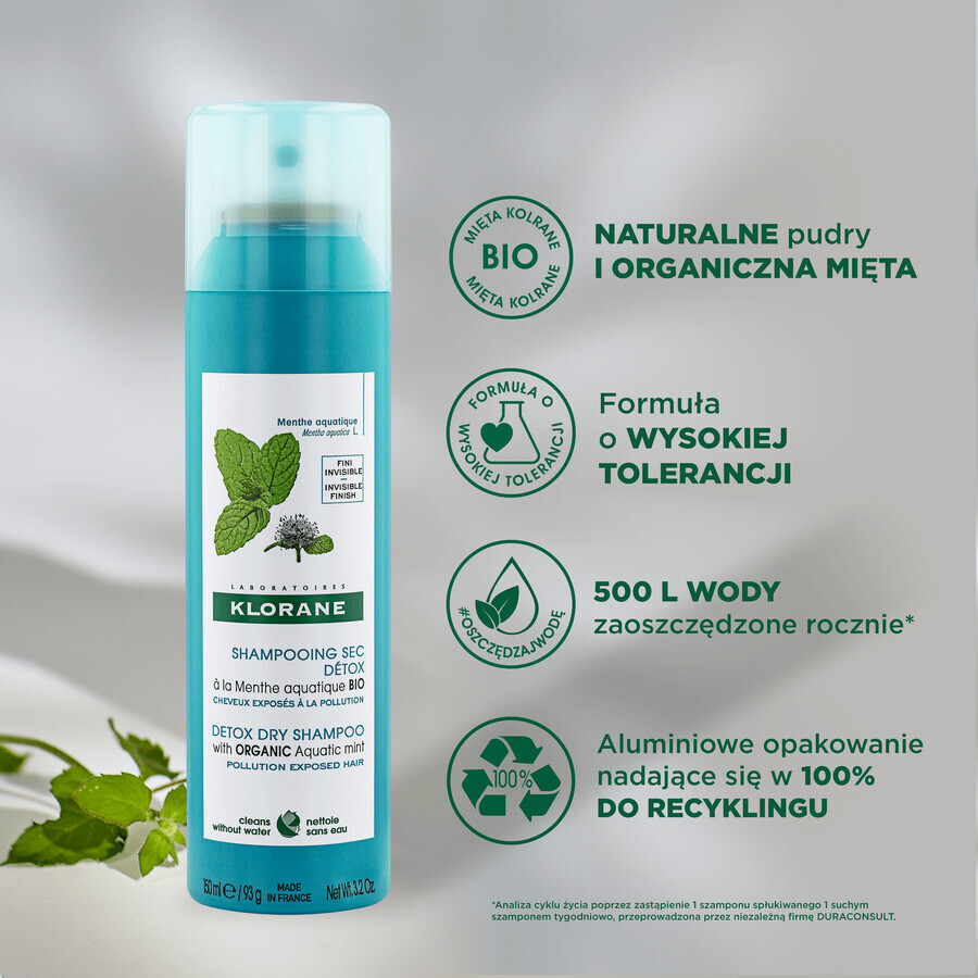 Klorane, shampoo secco detossinante alla menta acquatica biologica, 150 ml