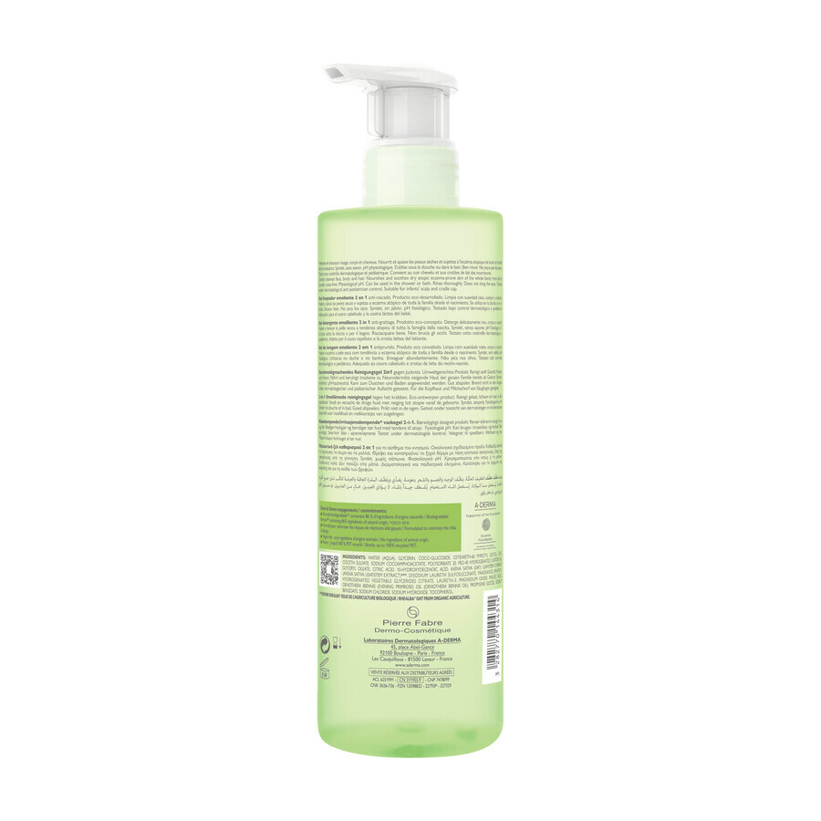 A-Derma Exomega Control 2in1, emollient gel for body, face, hair, from birth, 500 ml