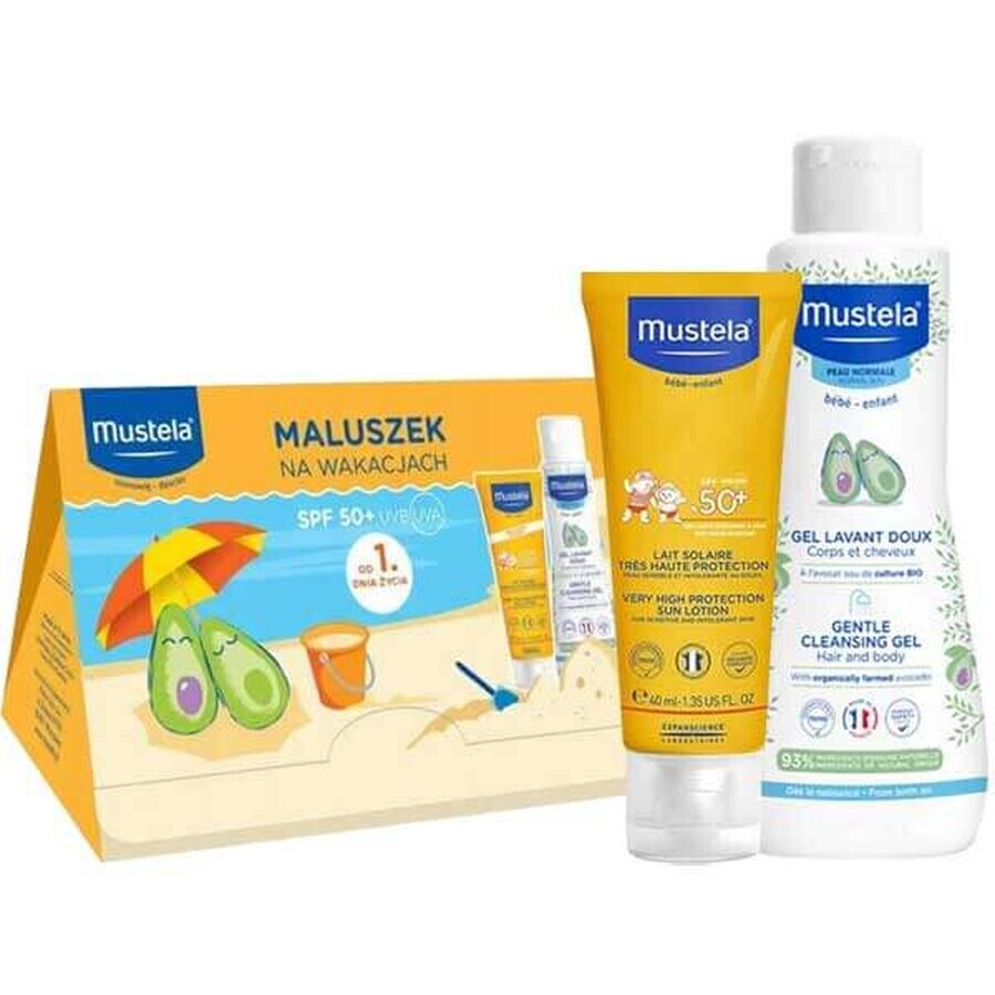 Set Mustela Baby On Holiday, latte solare, SPF 50+, 40 ml + gel lavante, 100 ml