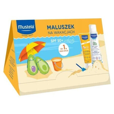 Set Mustela Baby On Holiday, latte solare, SPF 50+, 40 ml + gel lavante, 100 ml