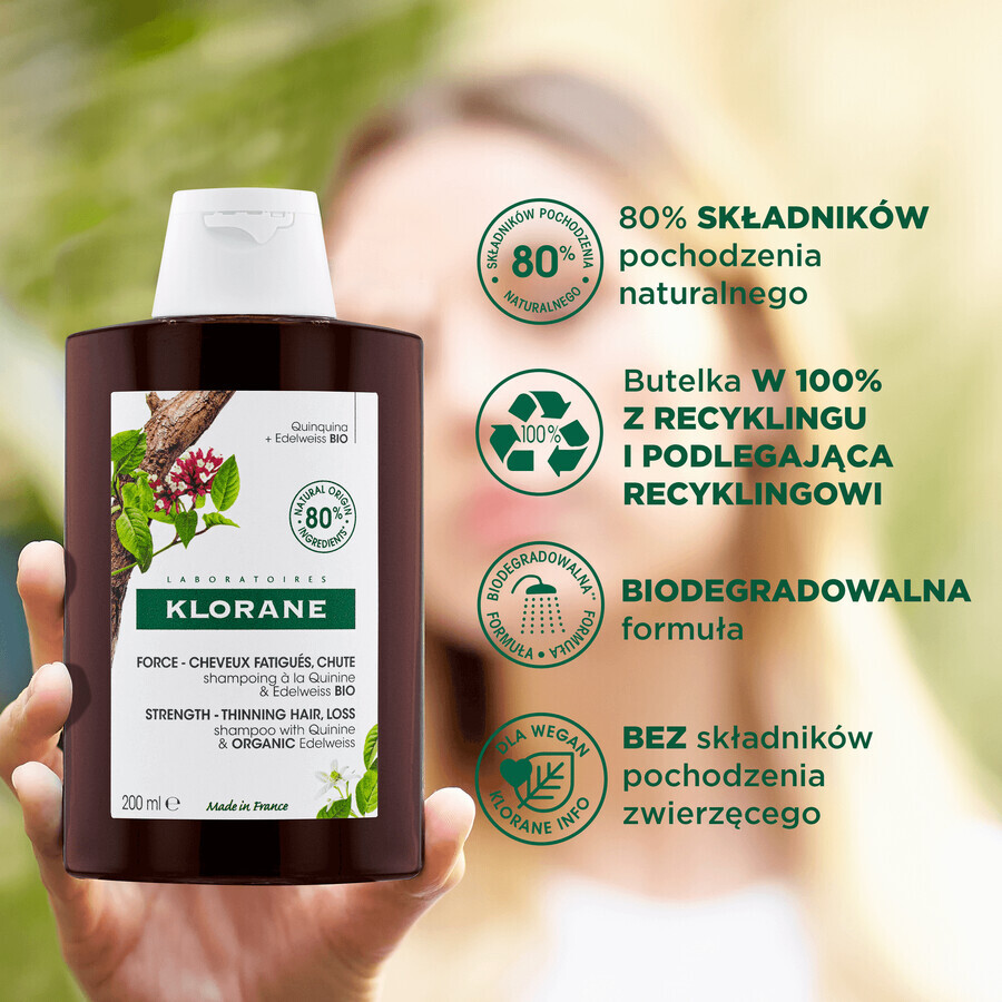 Klorane, shampoo con chinino e stella alpina biologica per la caduta dei capelli e la mancanza di vitalità, 200 ml