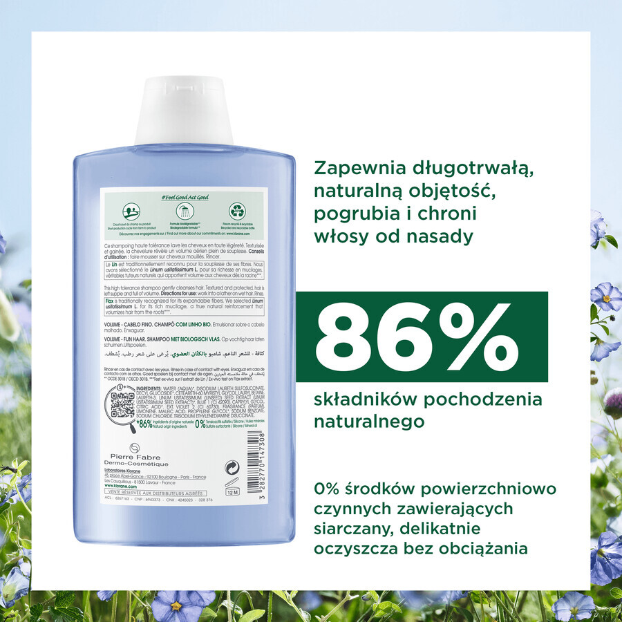 Klorane, shampoo a base di fibre di lino per capelli sottili e sfibrati, 400 ml