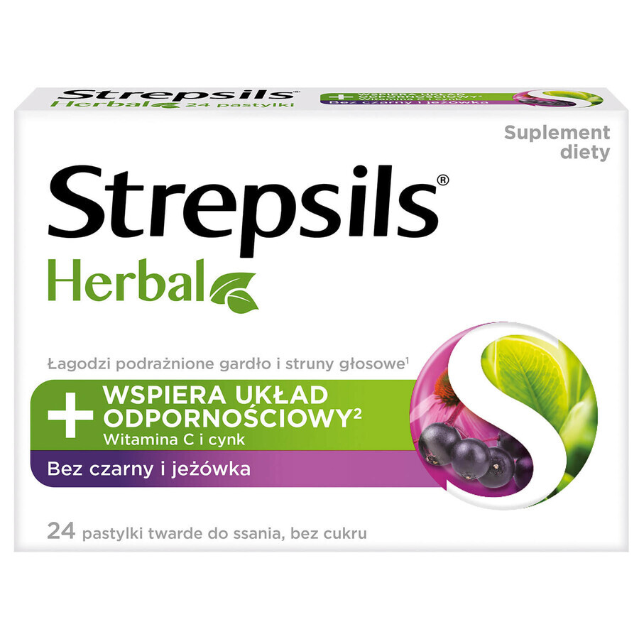 Strepsils Herbal, elderberry and echinacea flavor, sugar free, 24 tablets