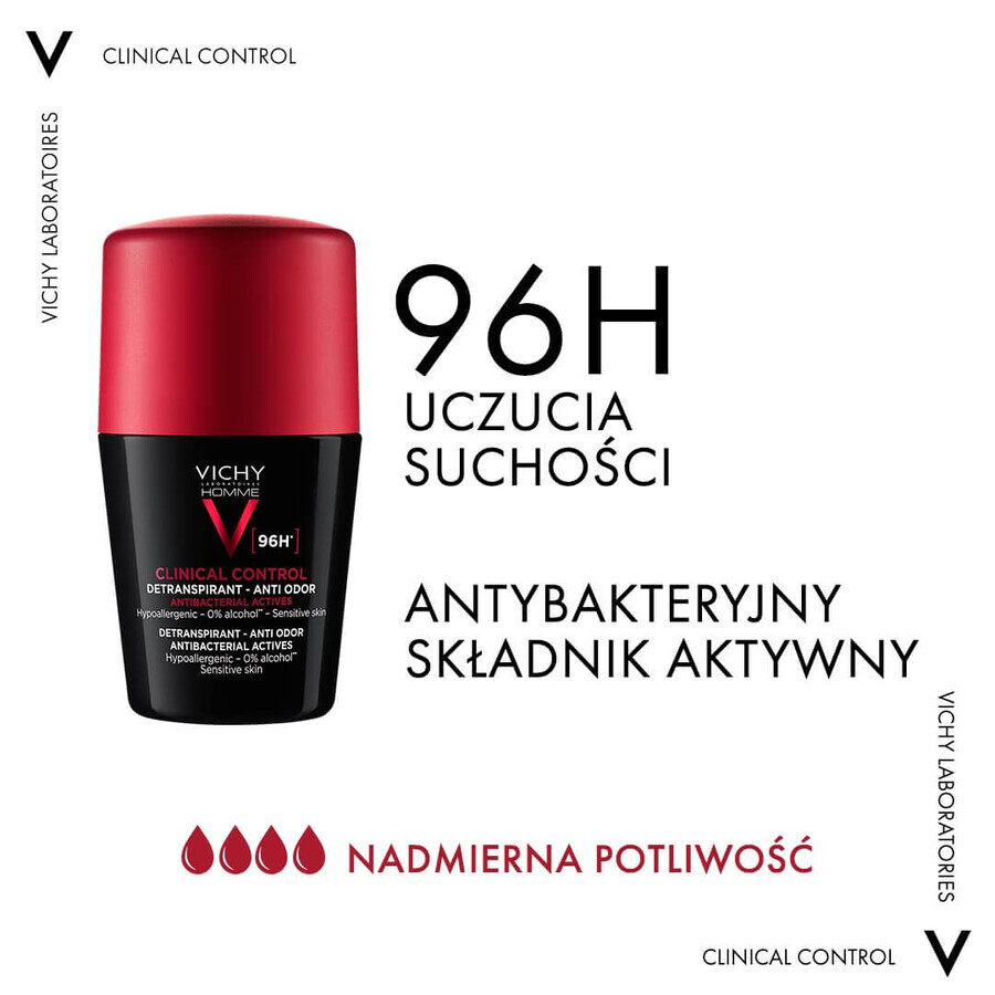 Vichy Homme Clinical Control, antitraspirante roll-on per uomo, protezione di 96 ore, 50 ml