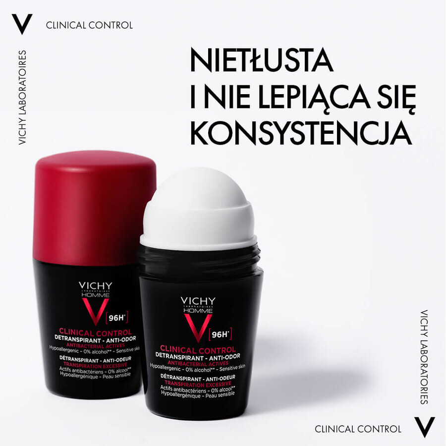 Vichy Homme Clinical Control, antitraspirante roll-on per uomo, protezione di 96 ore, 50 ml