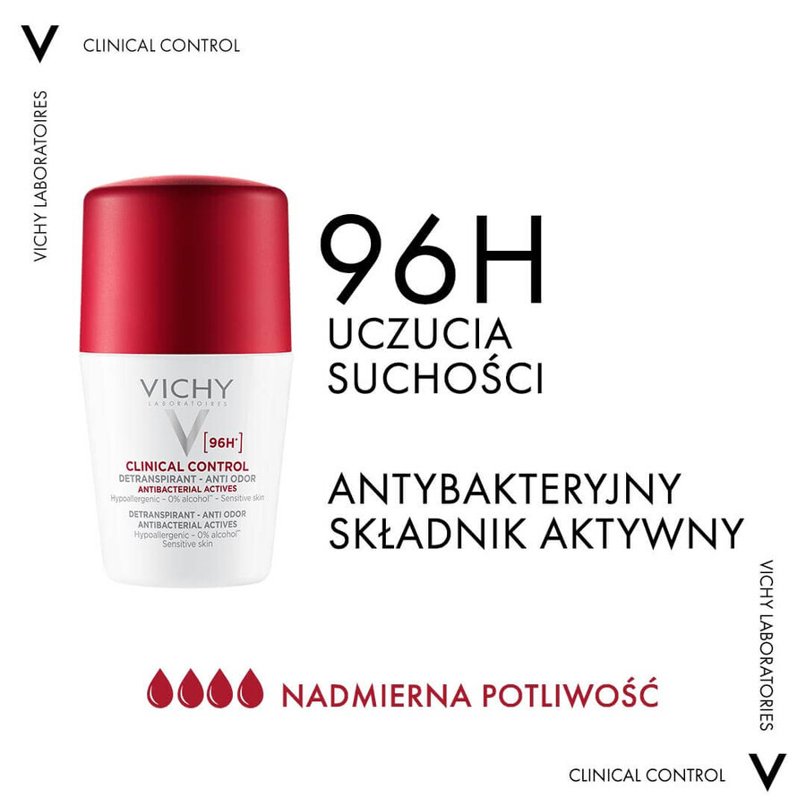 Vichy Clinical Control, antitraspirante roll-on per donna, protezione 96 ore, 50 ml