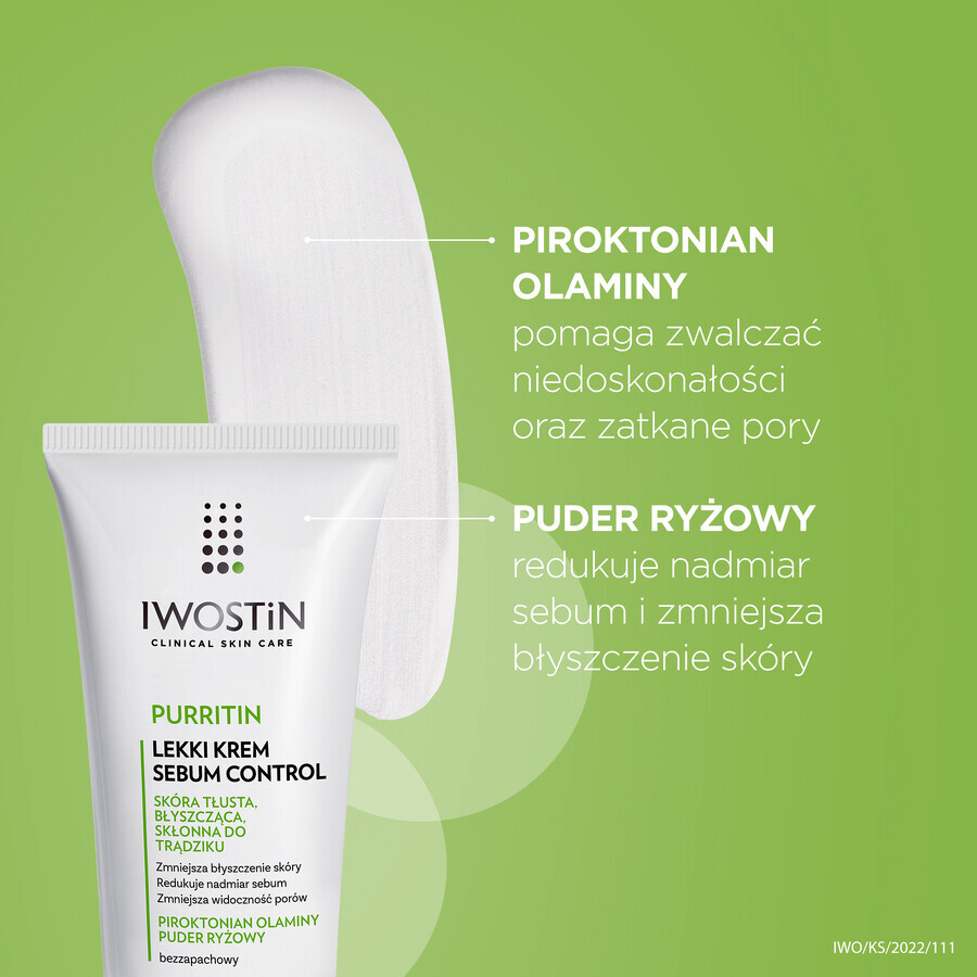 Iwostin Purritin, Sebum Control cremă ușoară, ten gras, lucios, cu tendință acneică, 60 ml