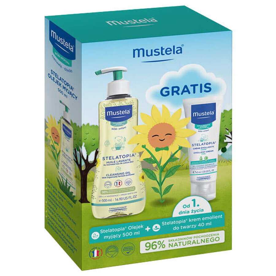 Mustela Stelatopia, olio detergente dalla nascita, 500 ml + crema viso emolliente, 40 ml in omaggio 