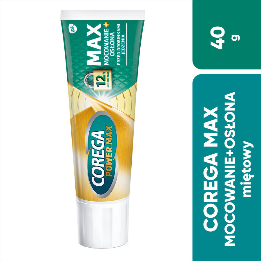 Corega Power Max Fixation + Cover, crema di fissaggio per protesi dentarie, menta, 40 g