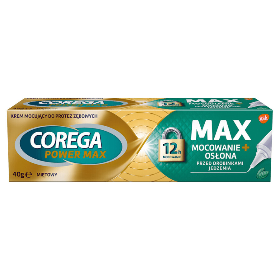 Corega Power Max Fixation + Cover, crema di fissaggio per protesi dentarie, menta, 40 g