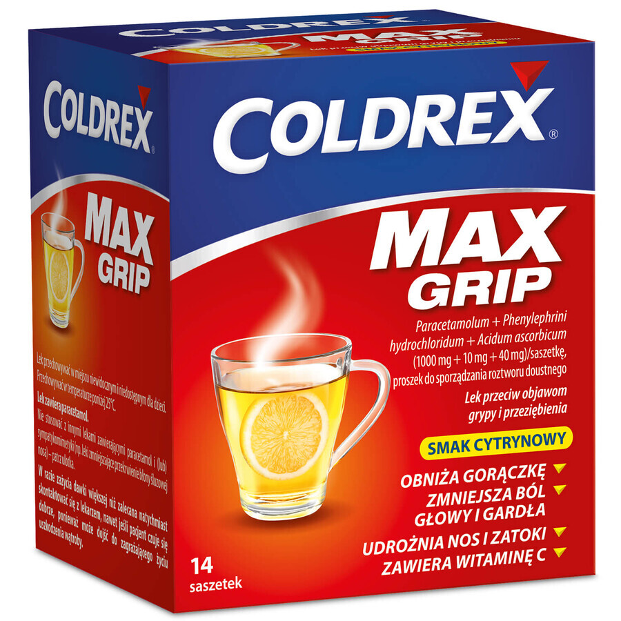 Coldrex MaxGrip 1000 mg + 10 mg + 40 mg, lemon flavor, 14 sachets