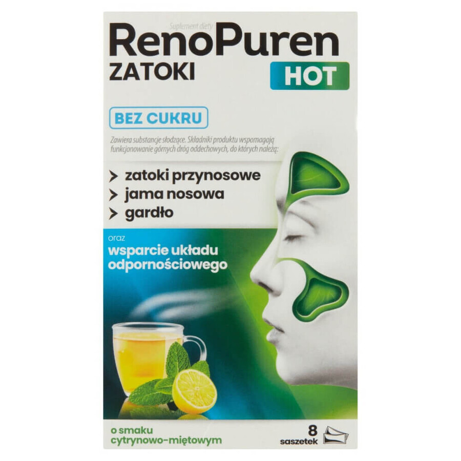 RenoPuren Zatoki Hot senza zucchero, gusto limone-menta, 8 bustine