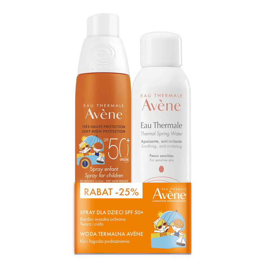 Set Avene, Spray viso e corpo impermeabile per bambini, pelle sensibile, SPF 50+, 200 ml + acqua termale, 150 ml