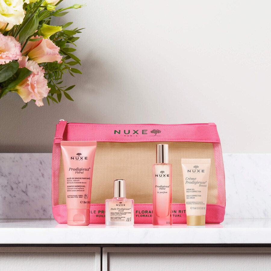 Kit cosmetico Nuxe Prodigieuse Florale 2023, gel doccia, 30 ml + olio secco, 10 ml + profumo, 15 ml + crema gel, 15 ml