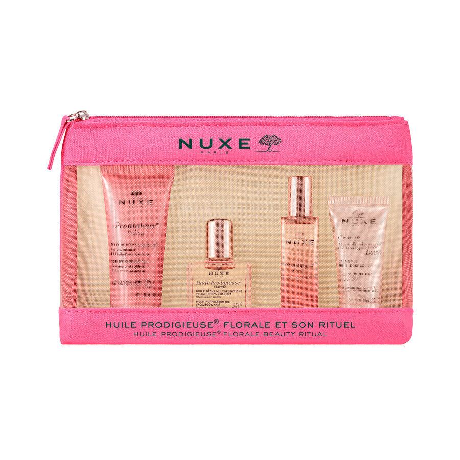 Kit cosmetico Nuxe Prodigieuse Florale 2023, gel doccia, 30 ml + olio secco, 10 ml + profumo, 15 ml + crema gel, 15 ml