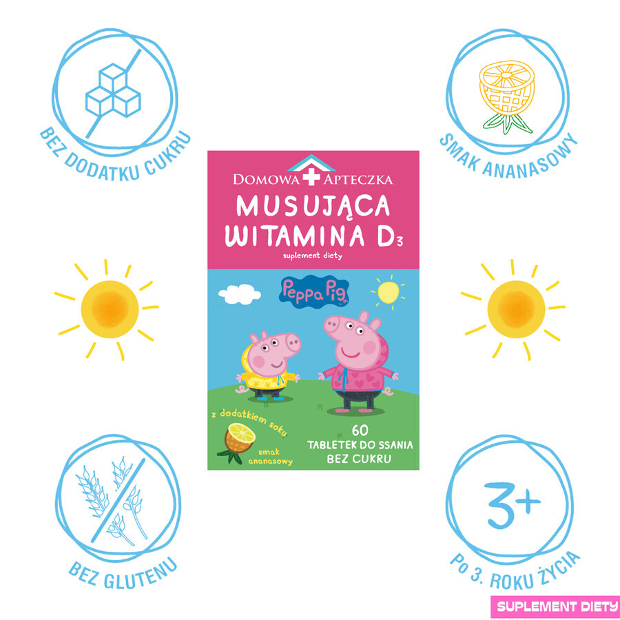 Peppa Pig Vitamina D3 effervescente, da 3 anni, gusto ananas, 60 pastiglie