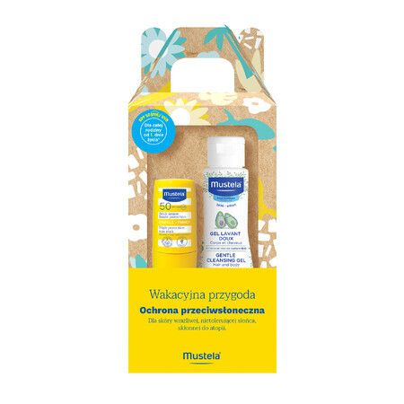 Set Mustela Sun Holiday Adventure, stick di protezione solare, SPF 50, 9 ml + gel lavante, 100 ml