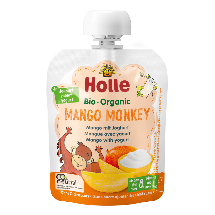 Holle, Mousse de frutas en tubo, Mango Monkey, mango con yogur, a partir de 8 meses, 85 g